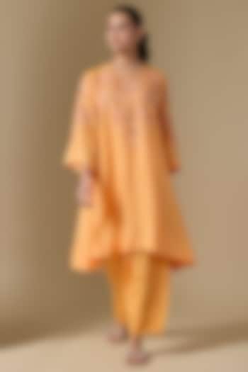 Orange Silk & Organza Hand Embroidered Kurta Set by One not two at Pernia's Pop Up Shop