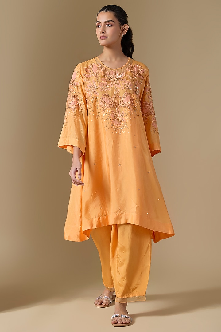 Orange Silk & Organza Hand Embroidered Kurta Set by One not two at Pernia's Pop Up Shop