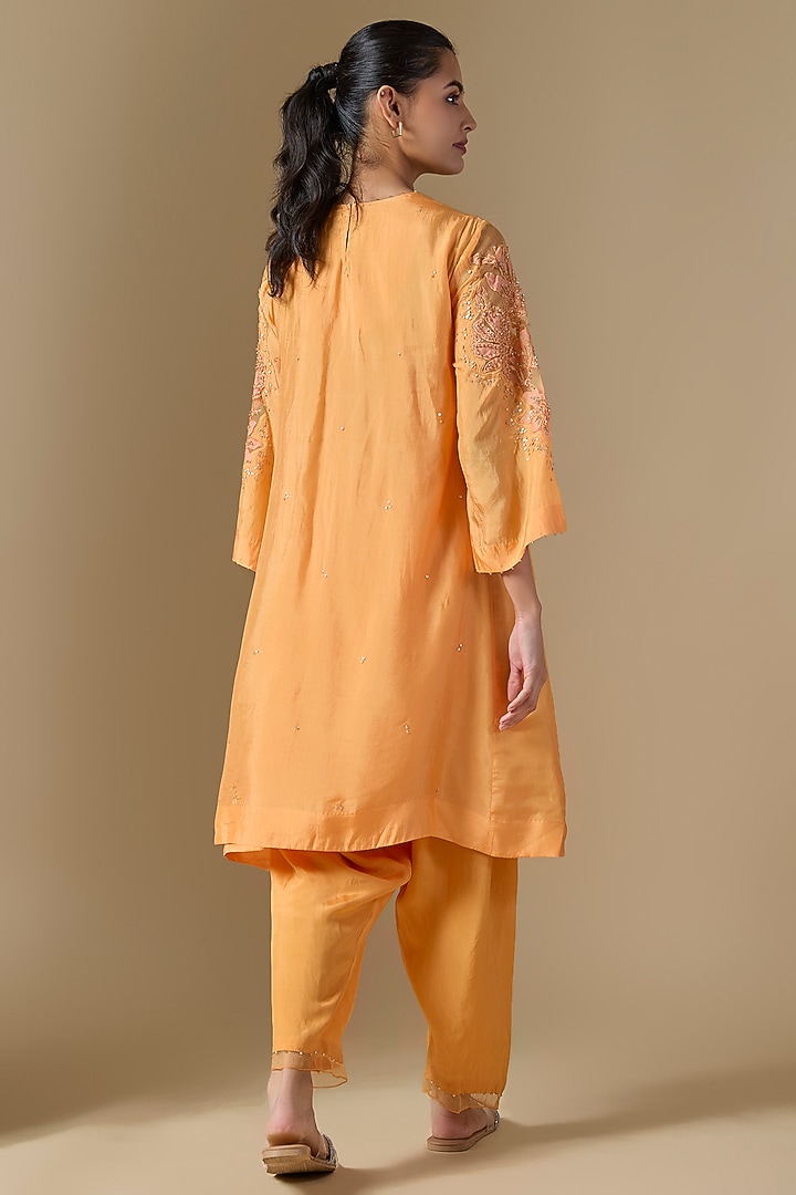 Orange Silk & Organza Hand Embroidered Kurta Set by One not two at Pernia's Pop Up Shop
