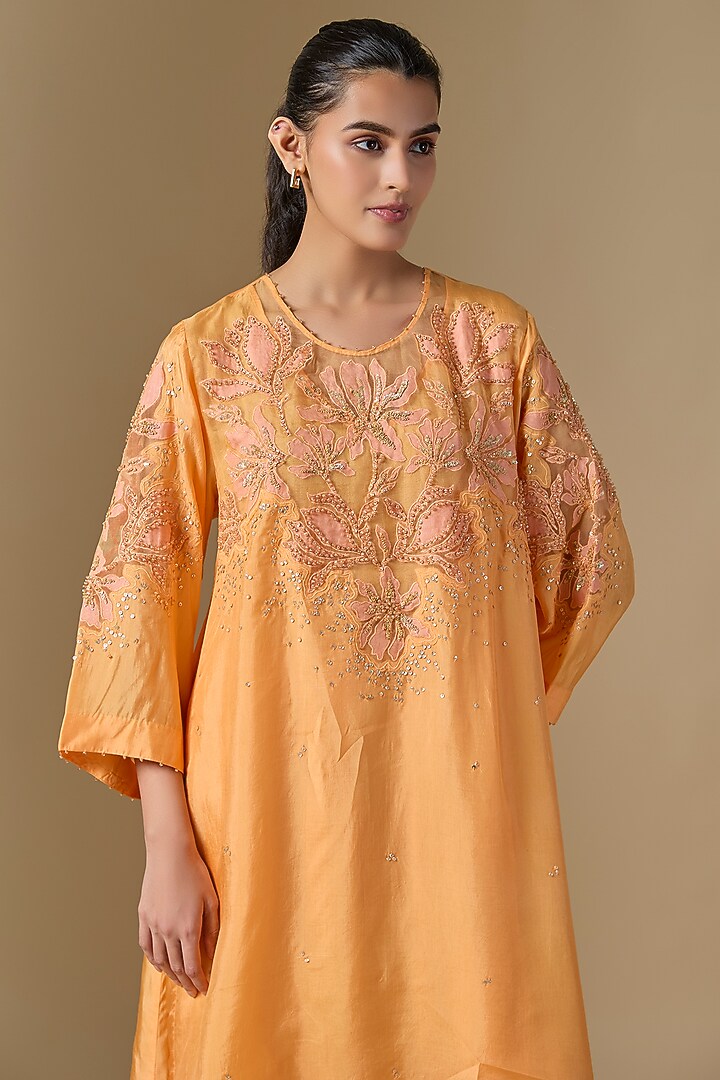 Orange Silk & Organza Hand Embroidered Kurta Set by One not two at Pernia's Pop Up Shop