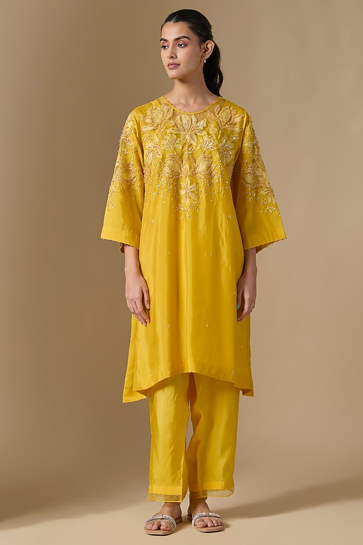 Yellow Silk & Organza Hand Embroidered Kurta Set by One not two at Pernia's Pop Up Shop