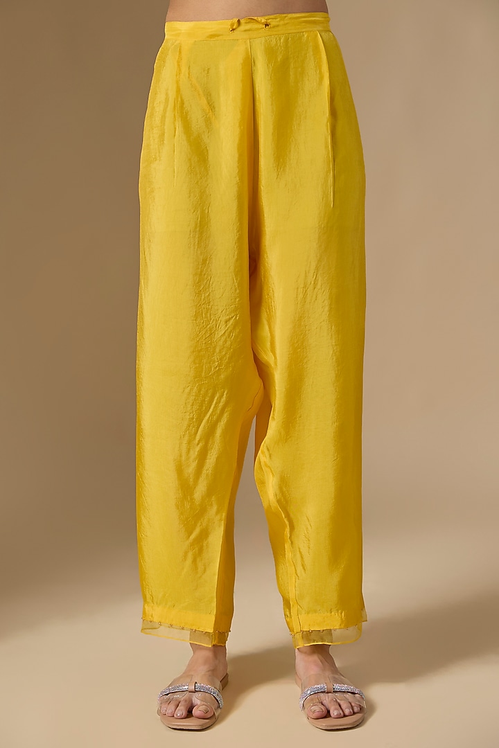 Yellow Silk & Organza Hand Embroidered Kurta Set by One not two at Pernia's Pop Up Shop