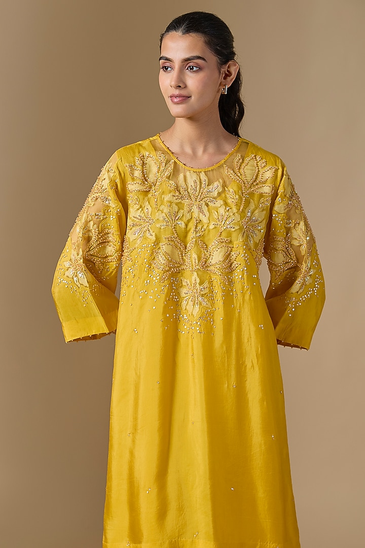 Yellow Silk & Organza Hand Embroidered Kurta Set by One not two at Pernia's Pop Up Shop
