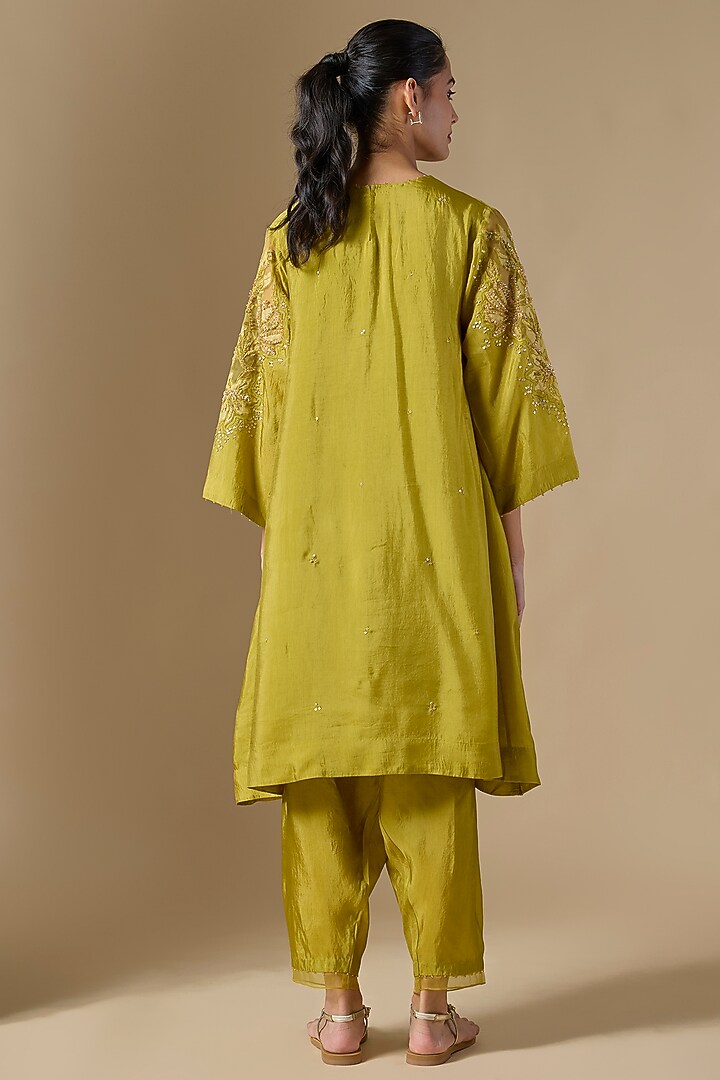 Green Silk & Organza Hand Embroidered Kurta Set by One not two at Pernia's Pop Up Shop