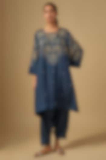 Navy Blue Silk & Organza Hand Embroidered Kurta Set by One not two at Pernia's Pop Up Shop