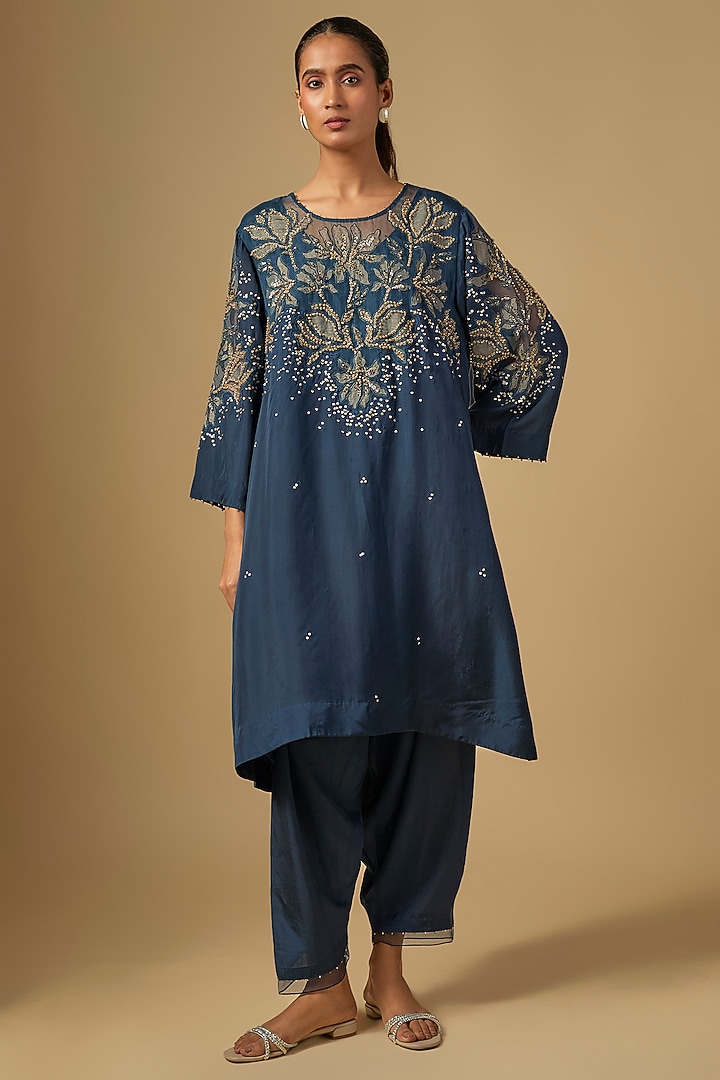 Navy Blue Silk & Organza Hand Embroidered Kurta Set by One not two at Pernia's Pop Up Shop