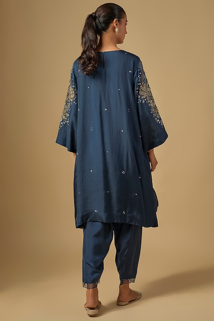Navy Blue Silk & Organza Hand Embroidered Kurta Set by One not two at Pernia's Pop Up Shop