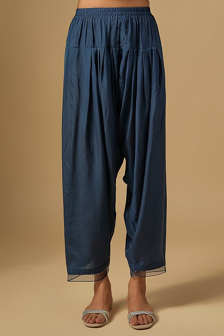 Navy Blue Silk & Organza Hand Embroidered Kurta Set by One not two at Pernia's Pop Up Shop