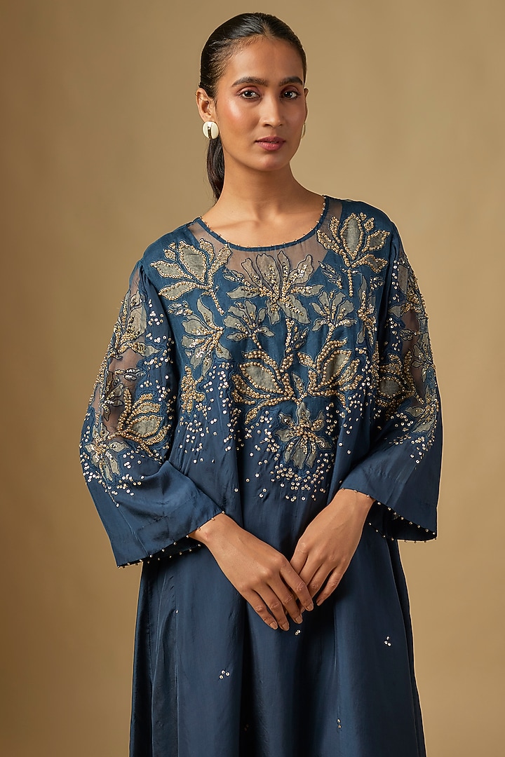 Navy Blue Silk & Organza Hand Embroidered Kurta Set by One not two at Pernia's Pop Up Shop