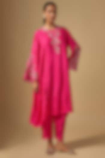 Hot Pink Silk & Organza Hand Embroidered Kurta Set by One not two at Pernia's Pop Up Shop
