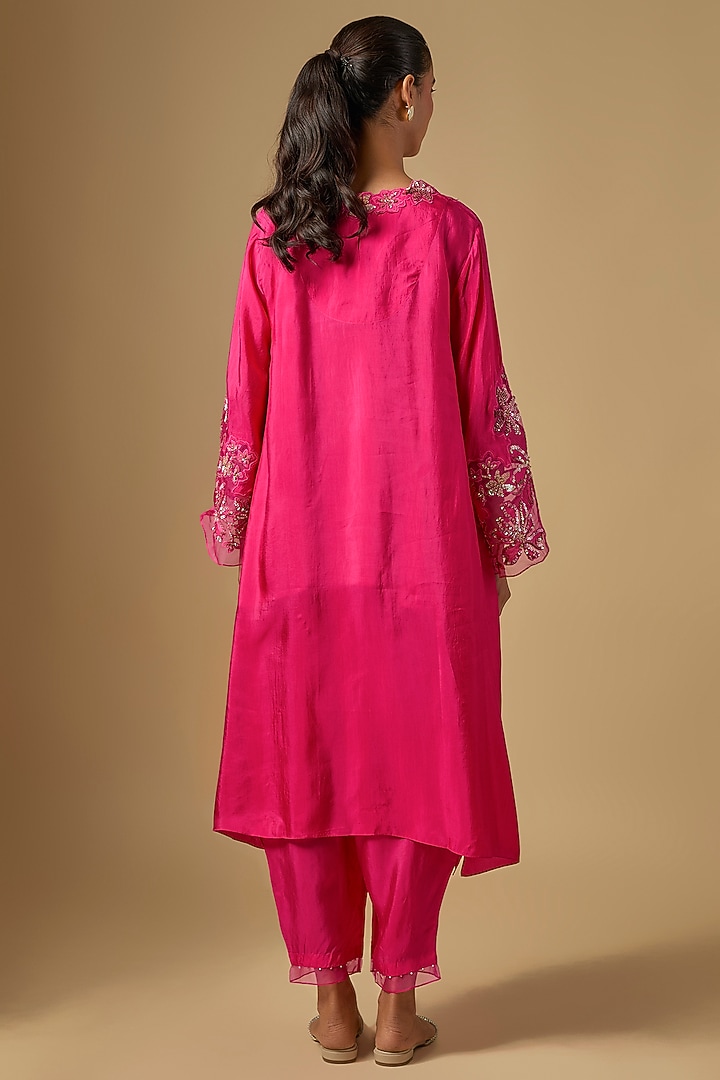 Hot Pink Silk & Organza Hand Embroidered Kurta Set by One not two at Pernia's Pop Up Shop