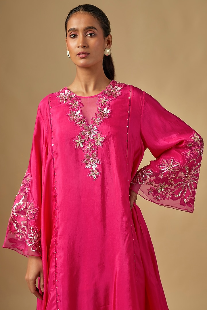 Hot Pink Silk & Organza Hand Embroidered Kurta Set by One not two at Pernia's Pop Up Shop