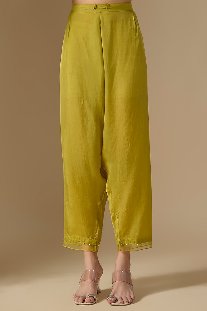 Henna Green Silk & Organza Hand Embroidered Kurta Set by One not two at Pernia's Pop Up Shop