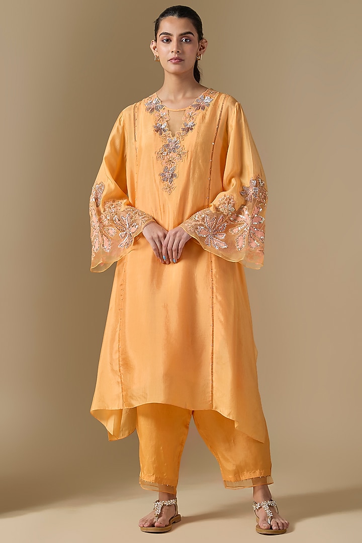 Papaya Orange Silk & Organza Hand Embroidered Kurta Set by One not two at Pernia's Pop Up Shop