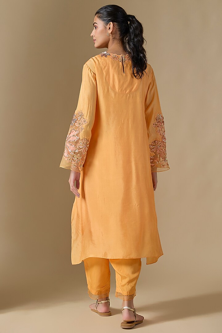 Papaya Orange Silk & Organza Hand Embroidered Kurta Set by One not two at Pernia's Pop Up Shop
