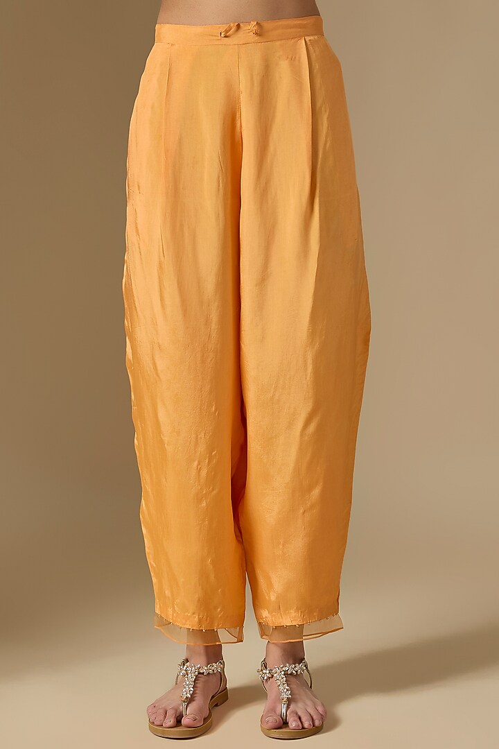 Papaya Orange Silk & Organza Hand Embroidered Kurta Set by One not two at Pernia's Pop Up Shop