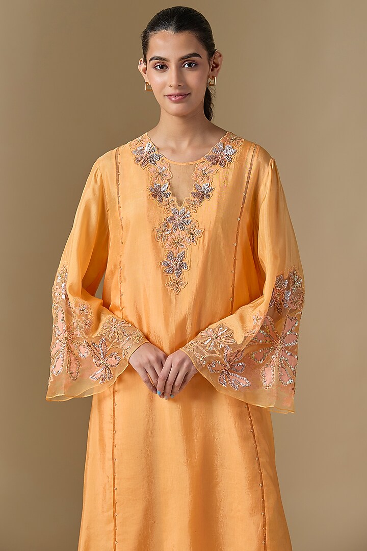 Papaya Orange Silk & Organza Hand Embroidered Kurta Set by One not two at Pernia's Pop Up Shop