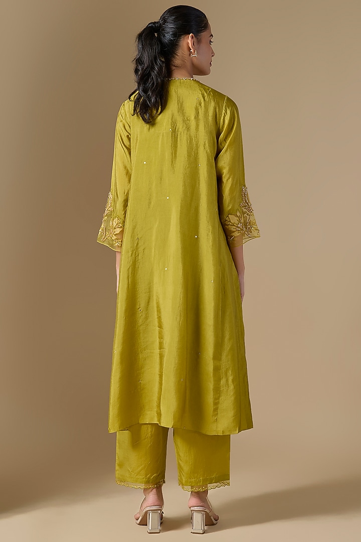 Henna Green Silk & Organza Hand Embroidered Kurta Set by One not two at Pernia's Pop Up Shop
