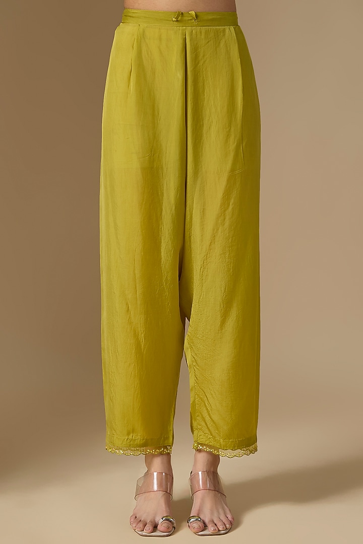 Henna Green Silk & Organza Hand Embroidered Kurta Set by One not two at Pernia's Pop Up Shop