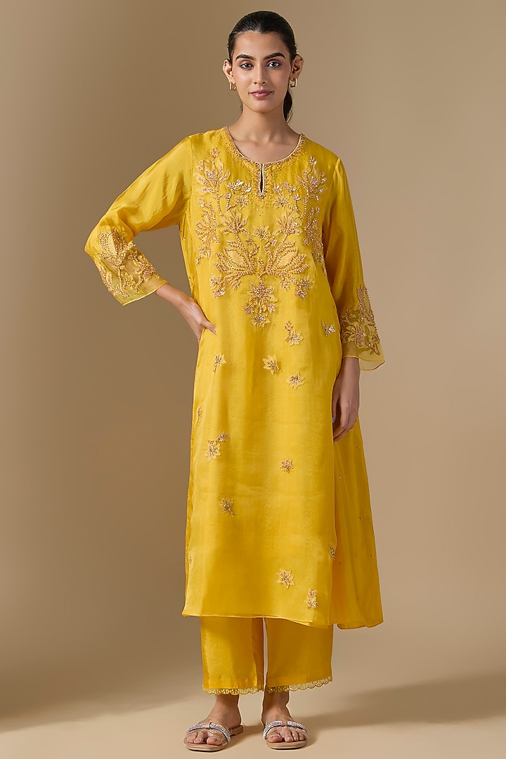 Amber Yellow Silk & Organza Hand Embroidered Kurta Set by One not two at Pernia's Pop Up Shop