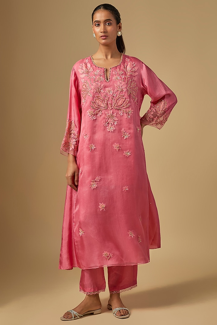 Salmon Pink Silk & Organza Hand Embroidered Kurta Set by One not two at Pernia's Pop Up Shop
