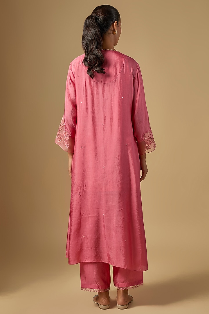 Salmon Pink Silk & Organza Hand Embroidered Kurta Set by One not two at Pernia's Pop Up Shop