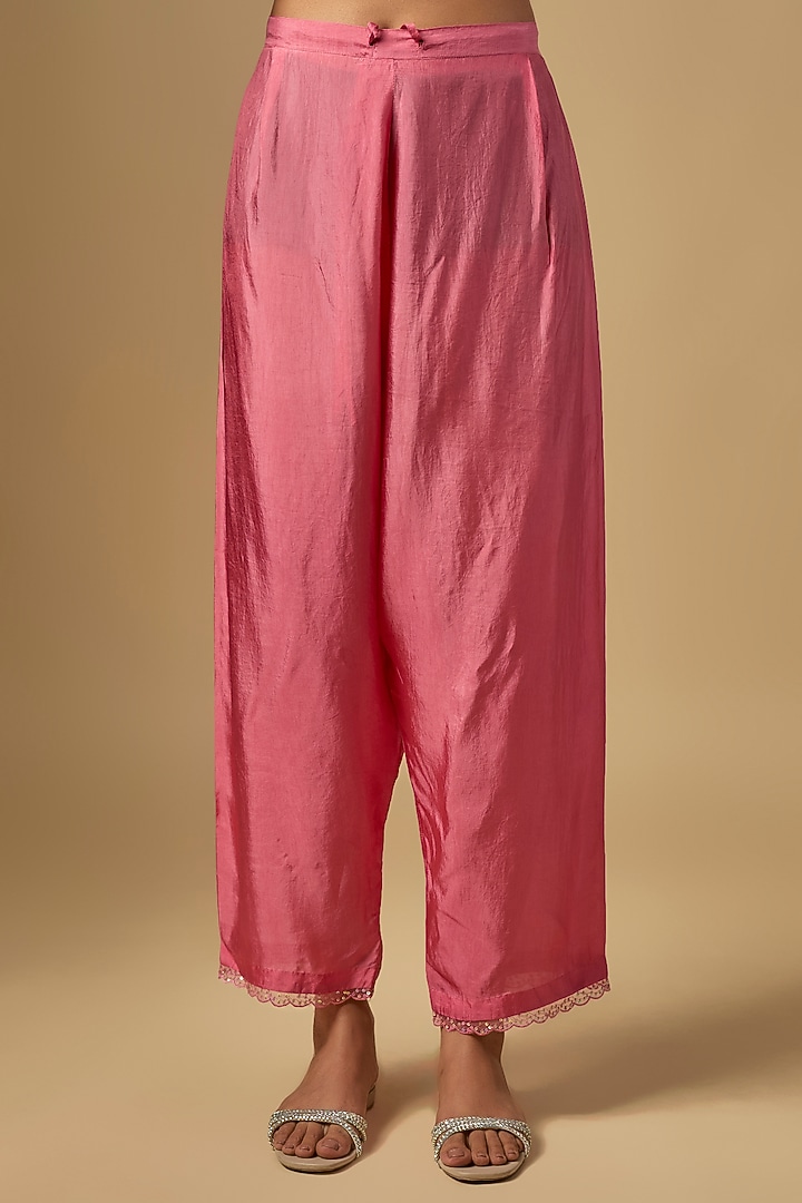 Salmon Pink Silk & Organza Hand Embroidered Kurta Set by One not two at Pernia's Pop Up Shop