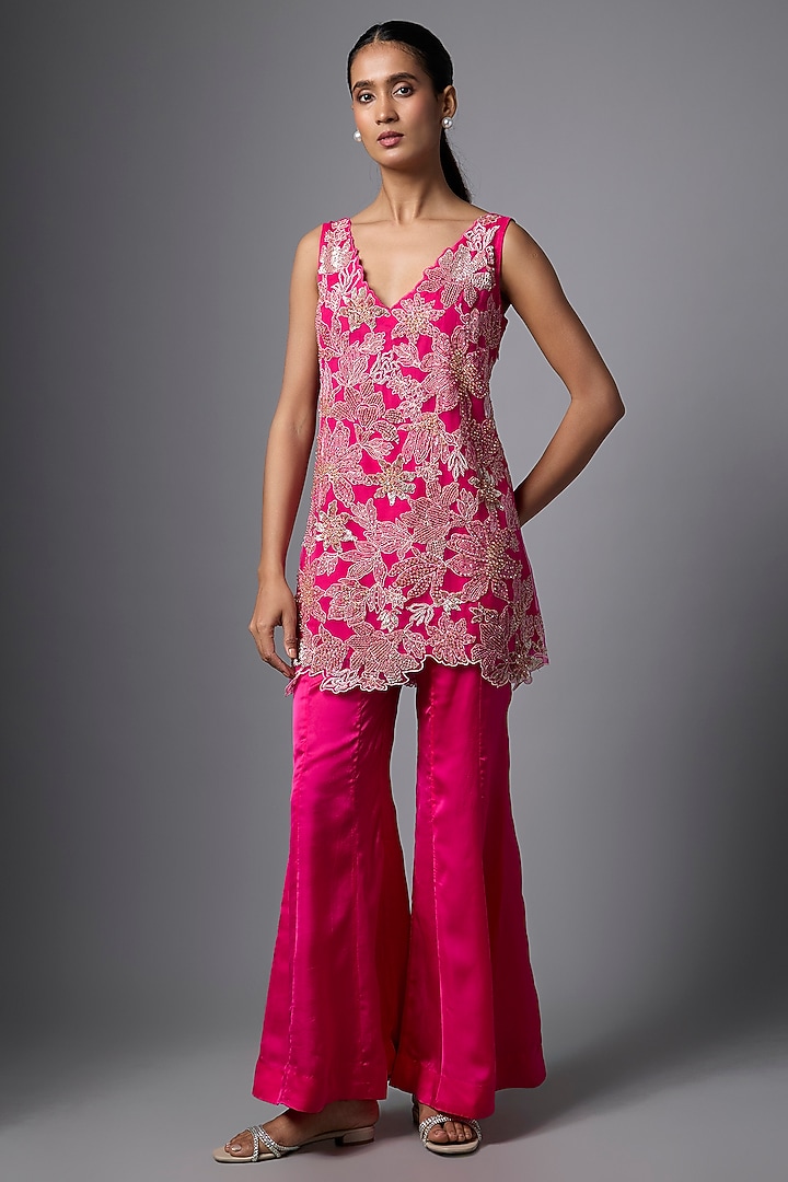 Hot Pink Satin Wedding Sharara Set by One not two at Pernia's Pop Up Shop