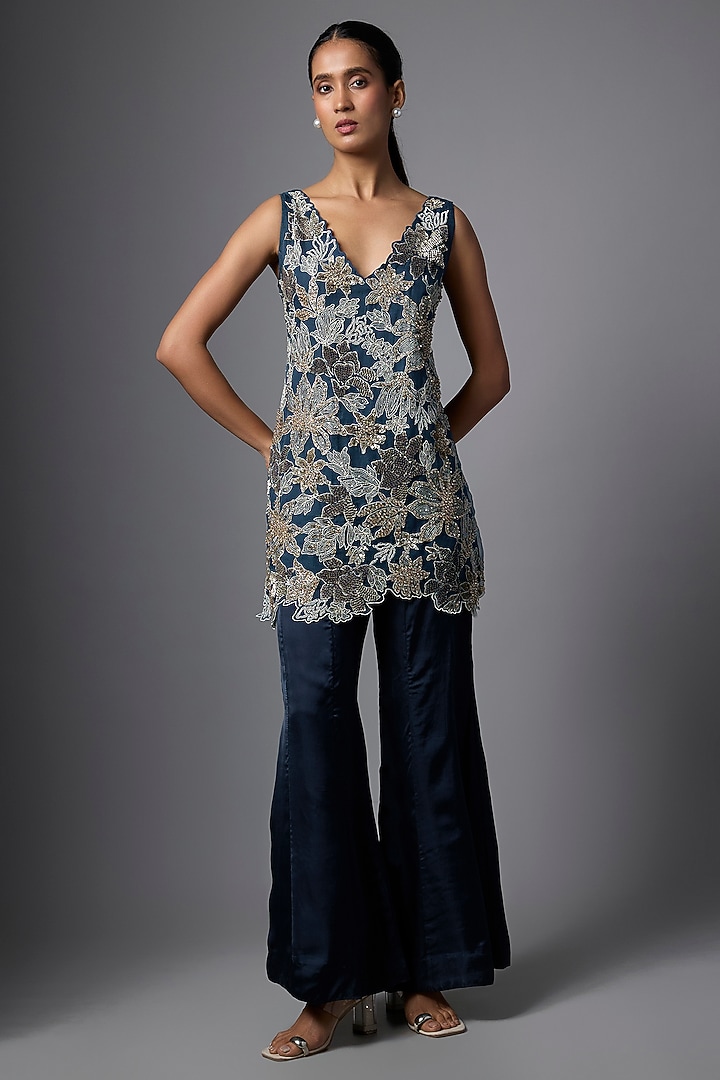 Navy Blue Satin Wedding Sharara Set by One not two at Pernia's Pop Up Shop