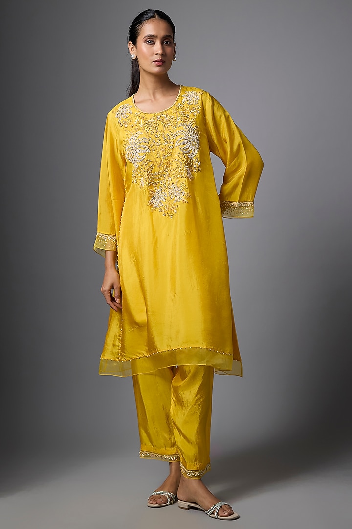 Amber Yellow Silk Sequin Hand Embroidered Kurta Set by One not two at Pernia's Pop Up Shop