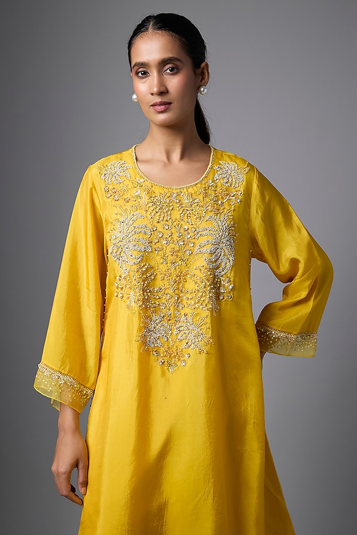 Amber Yellow Silk Sequin Hand Embroidered Kurta Set by One not two at Pernia's Pop Up Shop