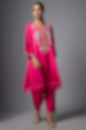 Hot Pink Silk Sequin Hand Embroidered Kurta Set by One not two at Pernia's Pop Up Shop