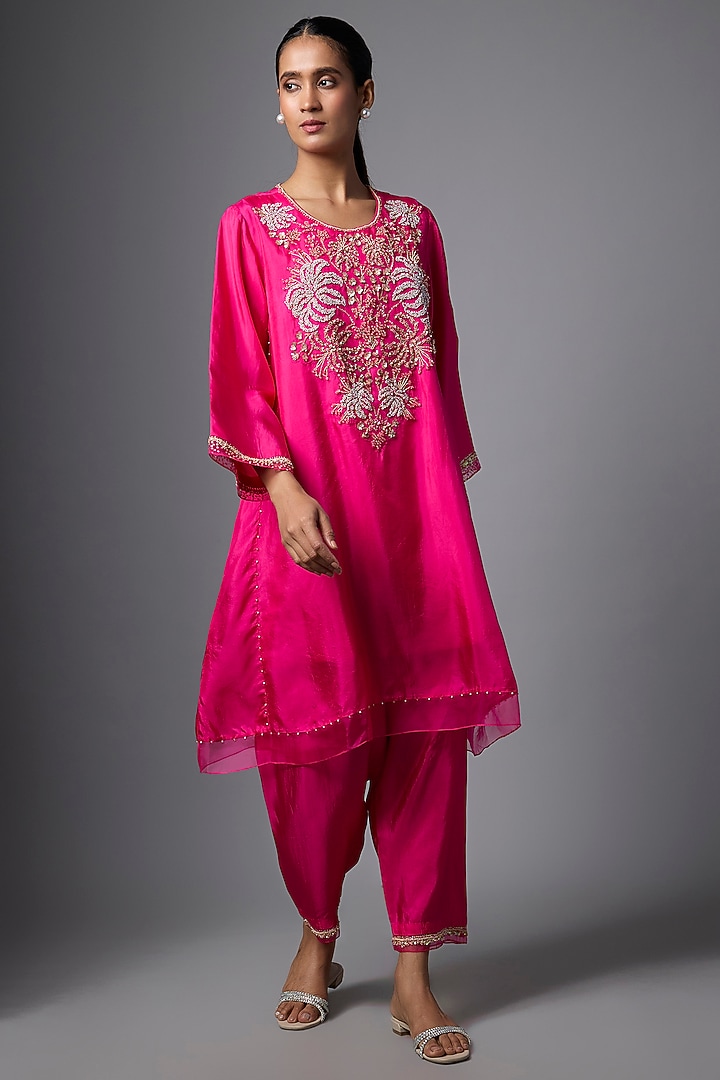 Hot Pink Silk Sequin Hand Embroidered Kurta Set by One not two at Pernia's Pop Up Shop