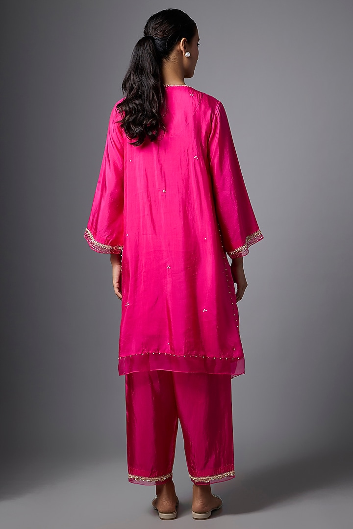 Hot Pink Silk Sequin Hand Embroidered Kurta Set by One not two at Pernia's Pop Up Shop