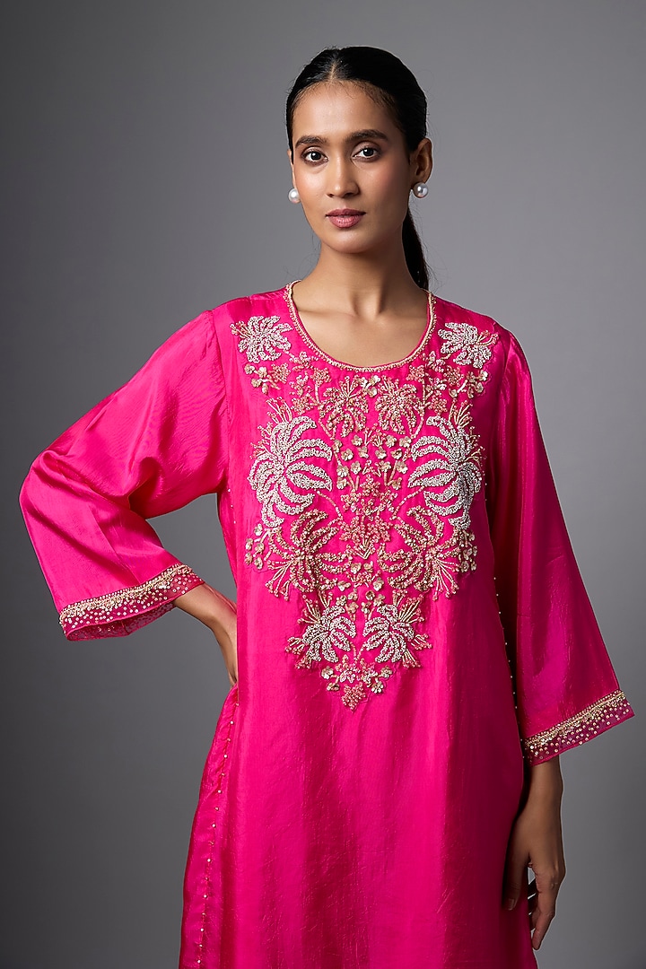 Hot Pink Silk Sequin Hand Embroidered Kurta Set by One not two at Pernia's Pop Up Shop