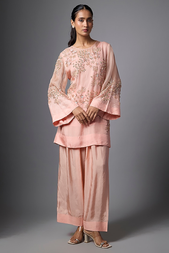 Blush Pink Silk Crystal Hand Embroidered Kurta Set by One not two at Pernia's Pop Up Shop