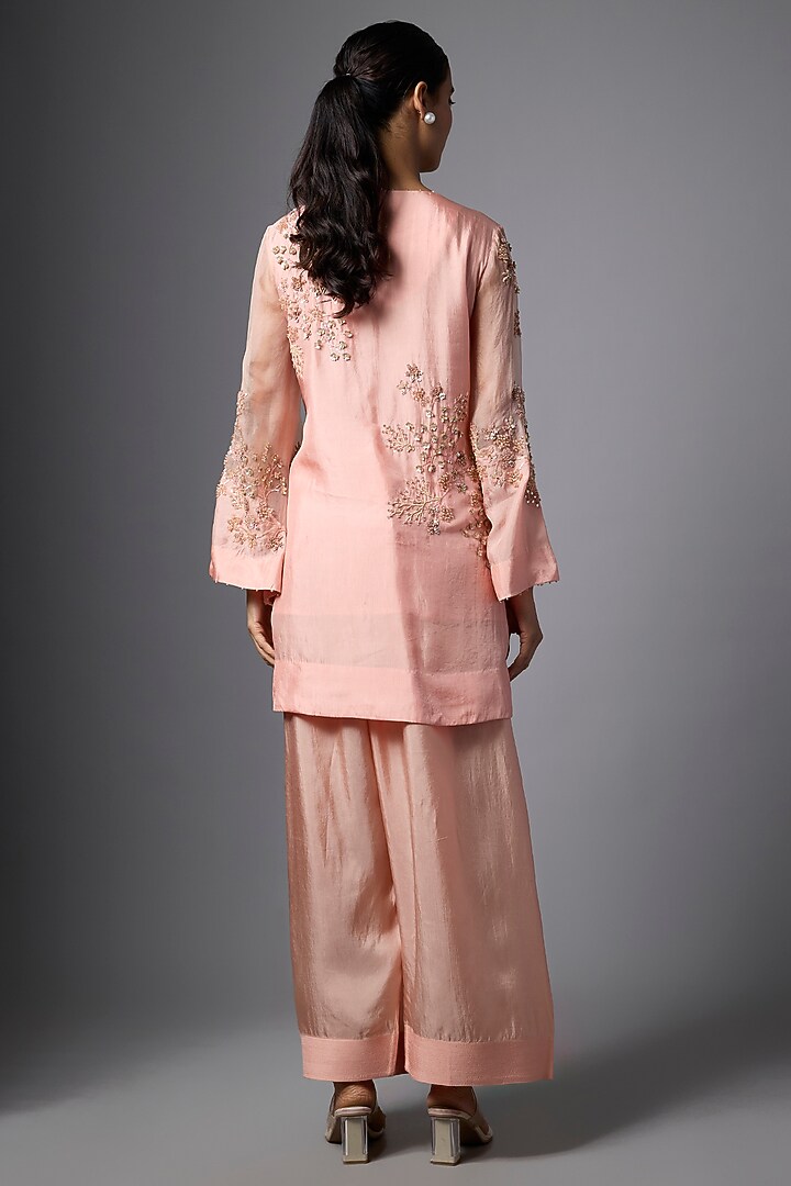 Blush Pink Silk Crystal Hand Embroidered Kurta Set by One not two at Pernia's Pop Up Shop