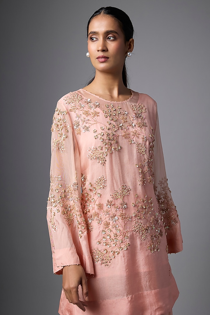Blush Pink Silk Crystal Hand Embroidered Kurta Set by One not two at Pernia's Pop Up Shop