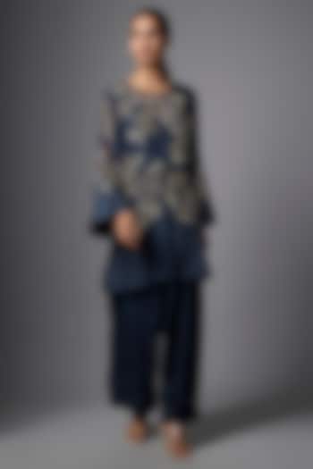 Navy Blue Silk Crystal Hand Embroidered Kurta Set by One not two at Pernia's Pop Up Shop