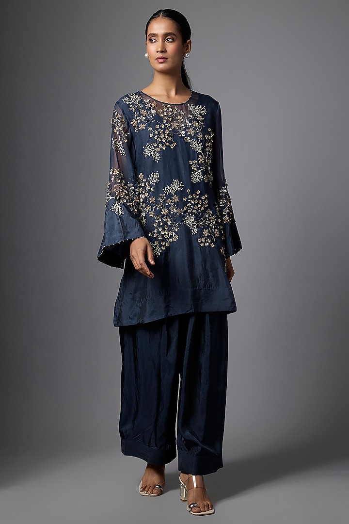 Navy Blue Silk Crystal Hand Embroidered Kurta Set by One not two at Pernia's Pop Up Shop