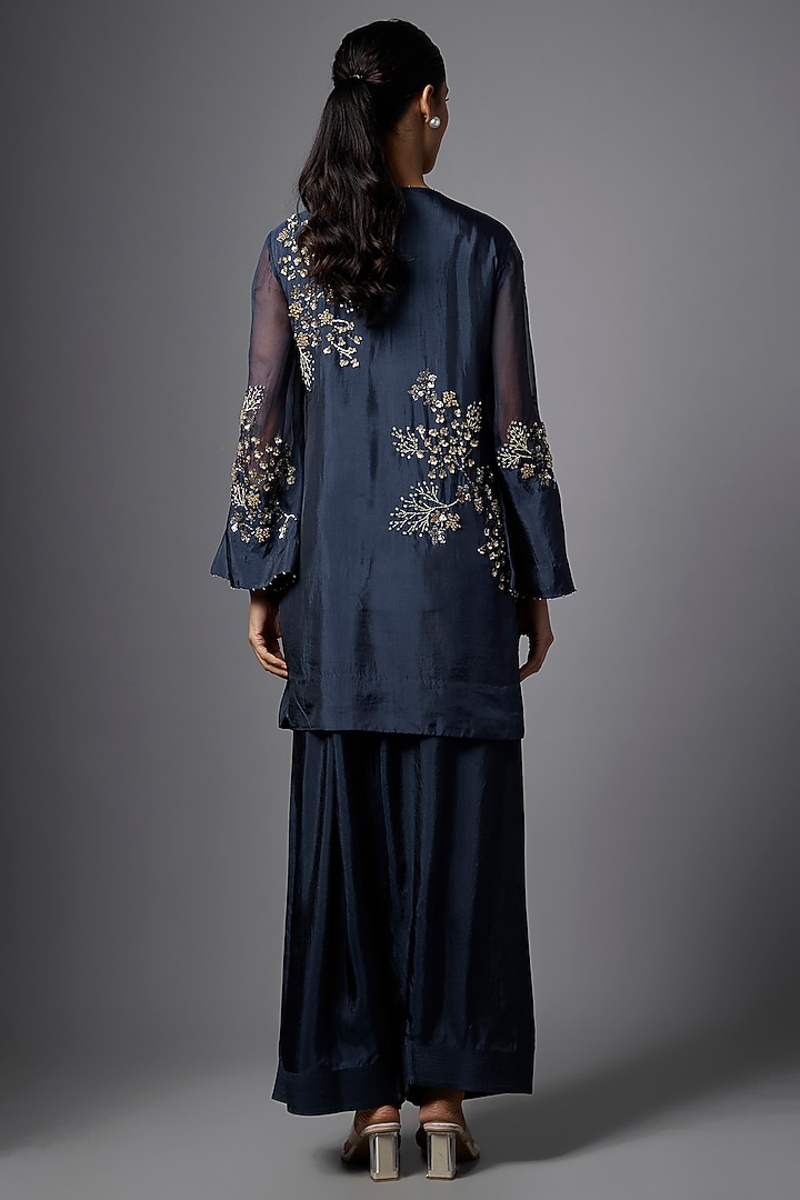 Navy Blue Silk Crystal Hand Embroidered Kurta Set by One not two at Pernia's Pop Up Shop