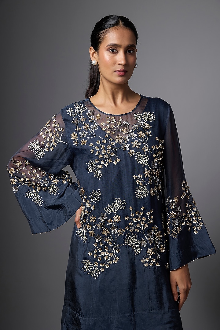 Navy Blue Silk Crystal Hand Embroidered Kurta Set by One not two at Pernia's Pop Up Shop