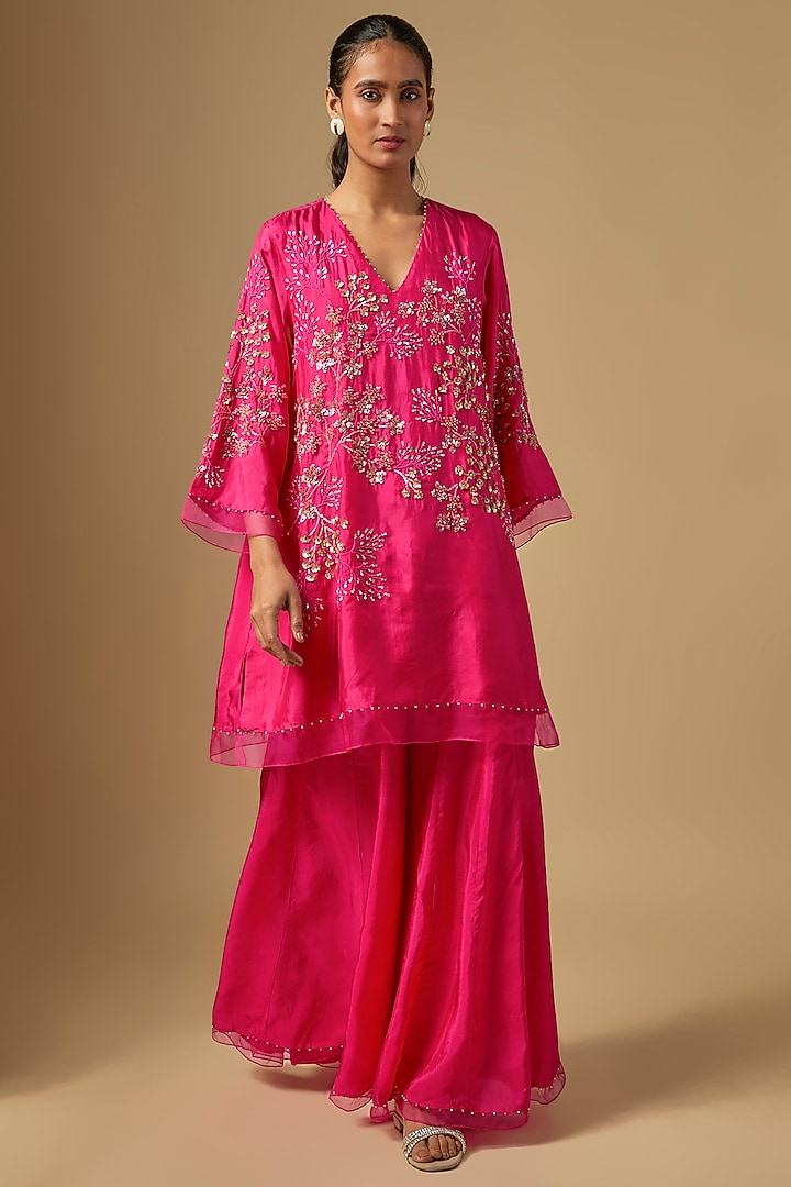 Hot Pink Silk Wedding Sharara Set by One not two at Pernia's Pop Up Shop