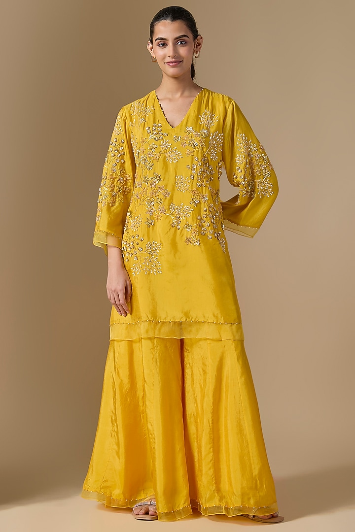 Amber Yellow Silk Wedding Sharara Set by One not two at Pernia's Pop Up Shop