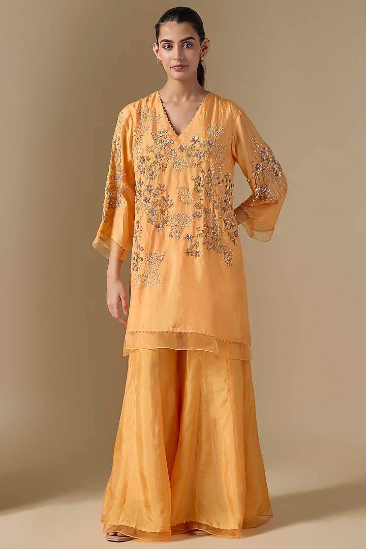 Papaya Orange Silk Wedding Sharara Set by One not two at Pernia's Pop Up Shop