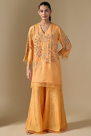 Papaya Orange Silk Sharara Set by One not two