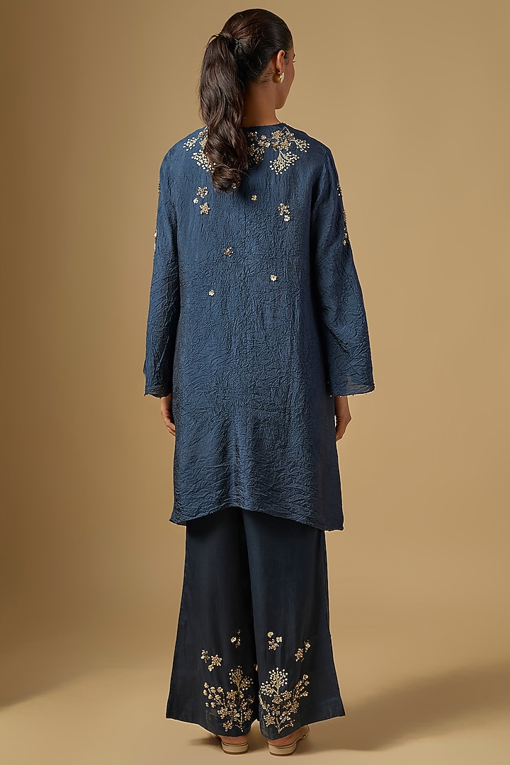 Navy Blue Silk Hand Embroidered Kurta Set by One not two at Pernia's Pop Up Shop