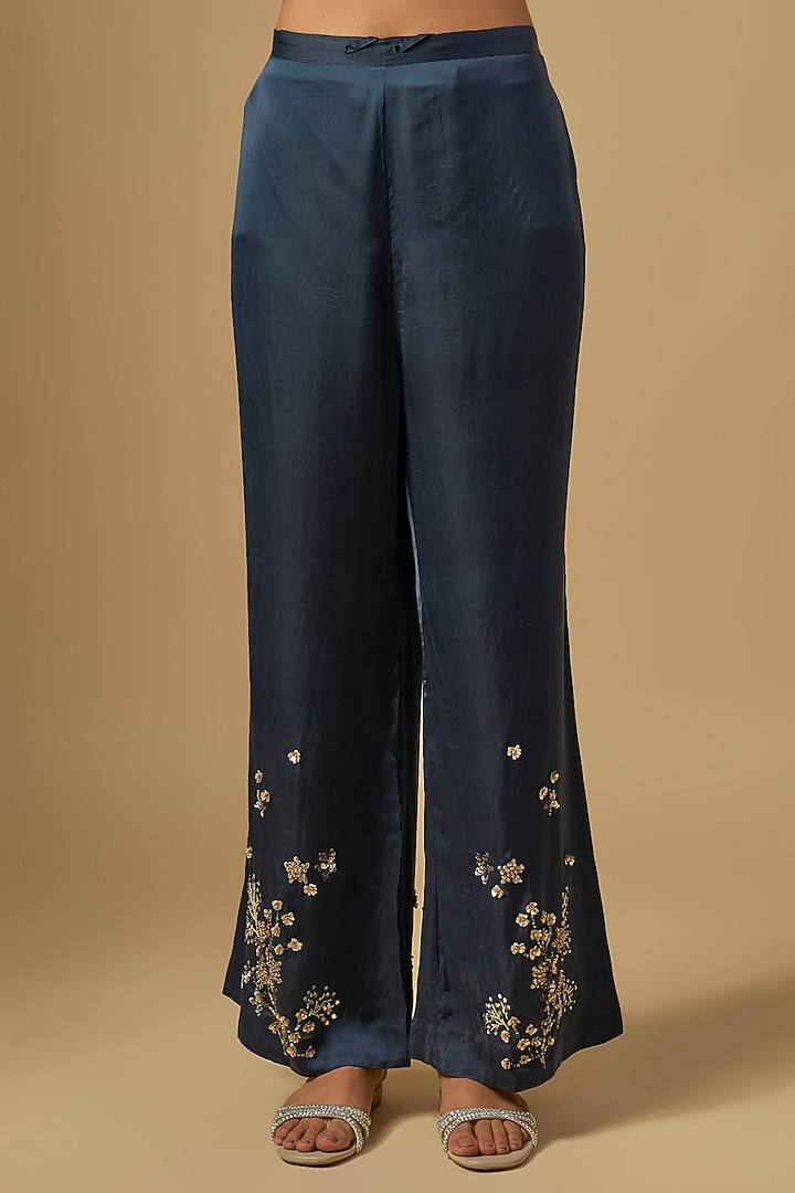 Navy Blue Silk Hand Embroidered Kurta Set by One not two at Pernia's Pop Up Shop