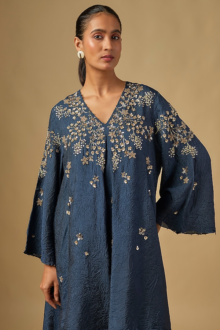 Navy Blue Silk Hand Embroidered Kurta Set by One not two at Pernia's Pop Up Shop