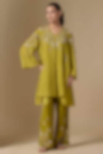 Henna Green Silk Hand Embroidered Kurta Set by One not two at Pernia's Pop Up Shop